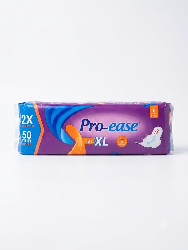 Pro-ease Go XL Sanitary Pads for Women – 2X Absorption, 50mm Longer (6 Pads)